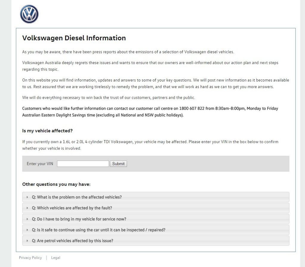 ONLINE TOOL: A screen grab from Volkswagen Australia's website showing the tool to help Australian customers check if their cars have the affected EA189 diesel engines. ONLINE TOOL: A screen grab from Volkswagen Australia's website showing the tool to help Australian customers check if their cars have the affected EA189 diesel engines.